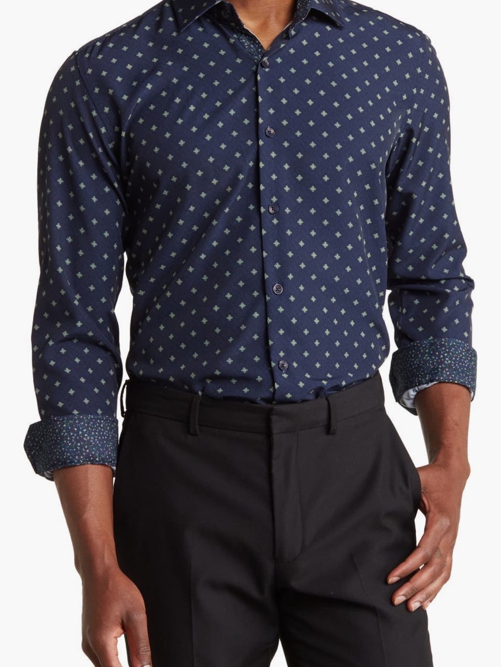 Slim-Fit Navy Patterned Long-Sleeve Button-Down Shirt